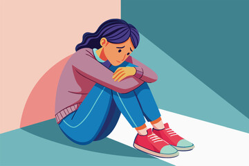 Lonely girl sitting in solitude, vector cartoon illustration. Young female character embracing her knees, conveying sense of sadness or depression.