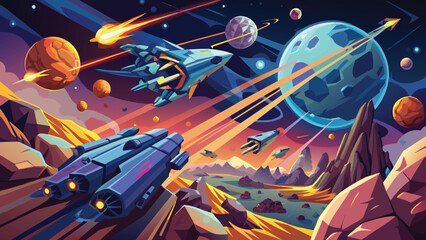 Spaceship fleet on an alien planet's orbit, vector cartoon illustration.