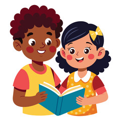 Two enthusiastic children, black boy and girl sharing books and learning together, vector cartoon illustration.