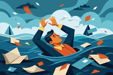 Man overwhelmed by paperwork at sea, vector cartoon illustration. Stress and workload with businessman drowning in ocean of documents.