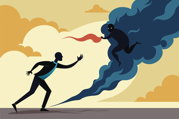 Man confronting a menacing smoke monster, vector cartoon illustration. Struggle or confrontation, symbolic image of influence, temptation, or inner conflict, portrayed in monochrome.