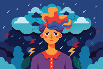 Young woman with raincloud over her head, vector cartoon illustration. Portrayal of person with cloud raining over them, symbolizing sorrow or emotional challenges.