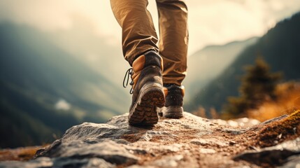A man trekking up a mountain trail, showcasing a close-up of his sturdy leather hiking boots.