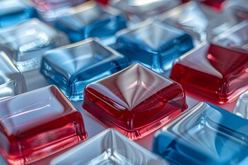 the glossy surface and sharp details of stacked red and blue gummy candies with a reflective finish