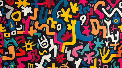 A pattern of colorful maze-like shapes, interconnected by white lines and surrounded by a black background. abstract background, wallpaper, poster