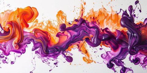 Spirals of amethyst purple and citrus orange paint merging seamlessly in water, forming an intricate and dynamic abstract composition on a white backdrop.