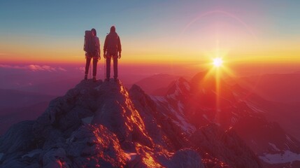 Pair of Climbers on Summit at Sunset