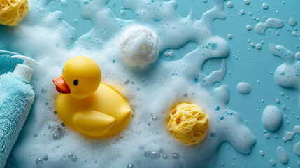 A yellow rubber duck is floating in a bathtub filled with bubbles