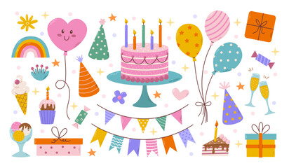 Birthday decorative elements set. Different party objects, colorful holiday items, gift, cake, ballon and garlands, vector flat illustration