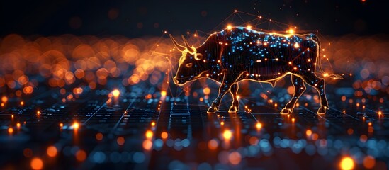 Luminous Digital Bovine Sculpture Emitting Vibrant Lights in Surreal Nightscape