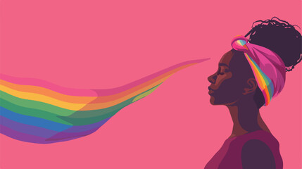 African-American woman with rainbow flag on pink background