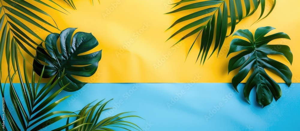 Canvas Prints Colorful tropical leaves arranged creatively on a yellow and blue background, showcasing a minimal summer exotic theme with space for text. Displaying a border layout design.