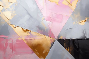 三角を使ったデザインの油絵・抽象背景バナー）ピンク・黒・グレー・金色