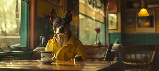 dog in a yellow shirt sitting at a table with a coffee cup inside a vintage cafe room, morning light, bright color tone