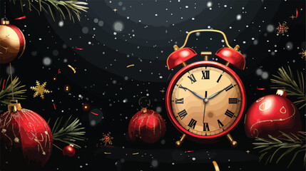 Alarm clock and Christmas decor on black background Vector