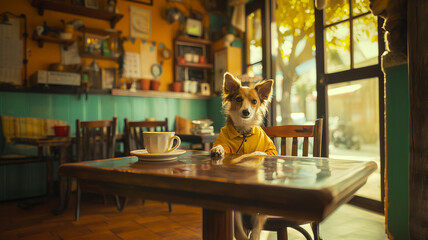 dog in a yellow shirt sitting at a table with a coffee cup inside a vintage cafe room, morning light, bright color tone