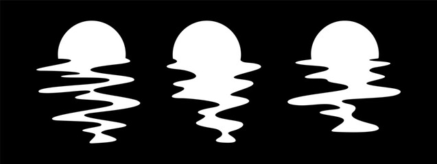 Set of white sun silhouettes on black background. Vector reflection in water. Sunset in waves.