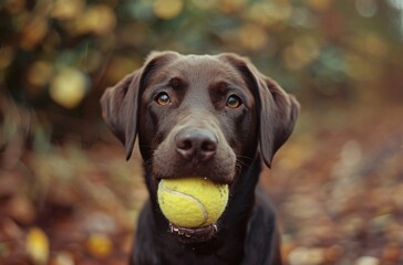 brown chocolate labrador holding a tennis ball in his mouth