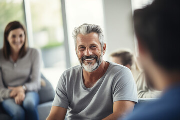 Portrait generative AI of people participating in a supportive community group session in a rehabilitation center