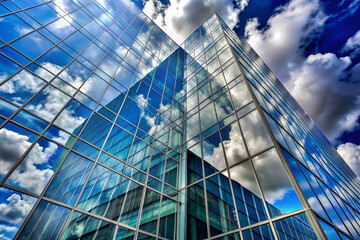 Macro View of a Glass Building Reflecting the Sky with Clouds Leading to It