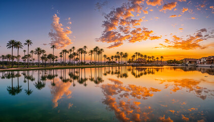 Palm trees reflected in a lake at sunset, with a vibrant orange and purple sky - Powered by Adobe