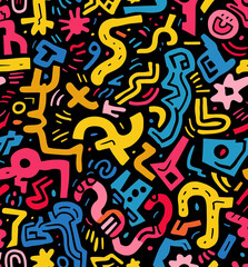 A pattern of colorful maze-like shapes, interconnected by white lines and surrounded by a black background. abstract background, wallpaper, poster