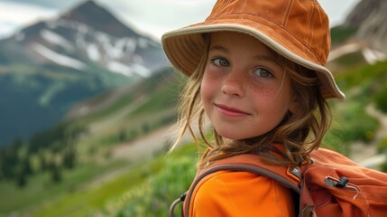 Obraz premium A happy little girl with a backpack is standing in a grassland field, smiling with her hair blowing in the wind. She enjoys the natural landscape and leisure of the mountains AIG50