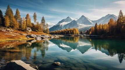 Serene mountain lake reflection in autumn