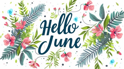 Abstract background with watercolor colorful splashes and flowers. Hello June -  modern calligraphy lettering. Summer concept background.