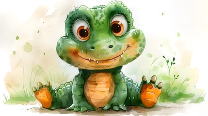 Watercolor illustration of a cute, friendly green crocodile sitting and smiling, with a charming expression.