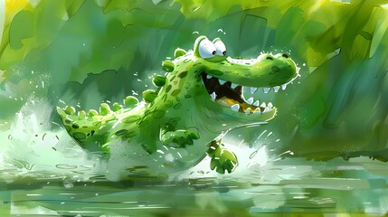 Naklejka premium Dynamic illustration of a green crocodile splashing in water, showing movement and excitement.
