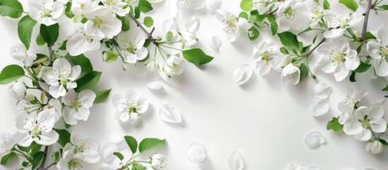Apple flowers blooming against a white backdrop.