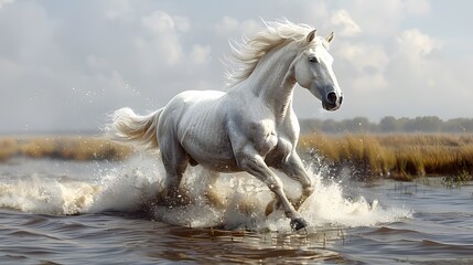 Fototapeta premium Majestic white horse galloping through shallow water in a serene marshland, showcasing its power and grace. The dynamic image captures the horse in full stride, water splashing around as it moves with