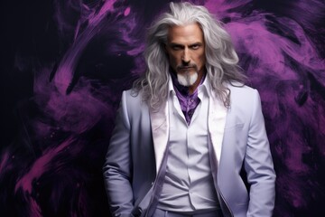 Mysterious man with long silver hair and beard in a purple smoke-filled background