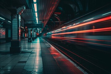 Futuristic Subway Station with Blurred Train in Motion at Night, subway