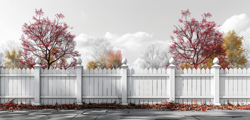 autumn in the park. white wooden fence, trees near it. place for text. beautiful autumn background