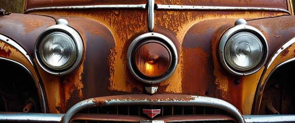 Naklejka premium The front of a rusty old car with three round headlights, the one in the middle is yellow and the two on the sides are white.