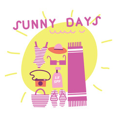 Sunny days. travel card with beach items and wave. Tropical beach card with sand and sea. Beach party card or flyer template. Catch the summer vibe concept. Flat vector style illustration