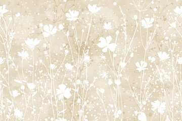 Continuous beige texture featuring white speckles and floral silhouettes.