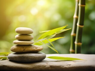 Zen garden with stacked stones and bamboo