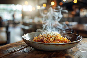 A rustic wooden table adorned with a steaming plate of pasta alla rusticana, exuding warmth and comfort in every flavorful bite. - obrazy, fototapety, plakaty