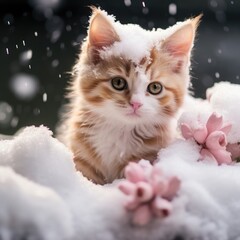 Adorable kitten in snowy winter scene