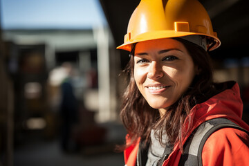 Generative AI picture Portrait of construction worker wearing a protective safety uniform clothes helmet at big building