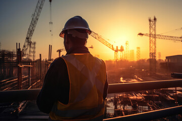 Generative AI picture Portrait of construction worker wearing a protective safety uniform clothes helmet at big building