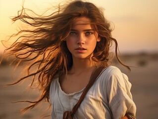 Fototapeta premium young woman with windblown hair in golden light