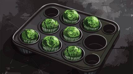 Baking tin with tasty spinach muffins on dark background