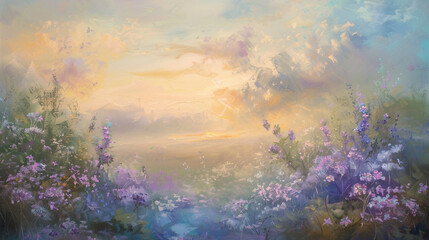 Soft pastel hues blend delicately as wisps of lavender and baby blue dance across a serene...