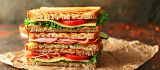 A tasty club sandwich featuring veggies, ham, cheese, and grilled bread on a brown surface. Shot from the side with room for text.