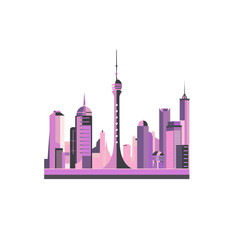 Obraz premium Vintage and retro style futuristic skyline metropolis. 70s, 80s style purple image of abstract city panorama