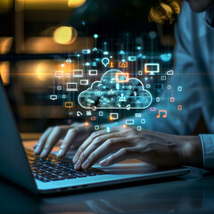 Image of a business professional's hands using a laptop, with a detailed holographic display of cloud services and digital icons, emphasizing modern connectivity. Generative Al